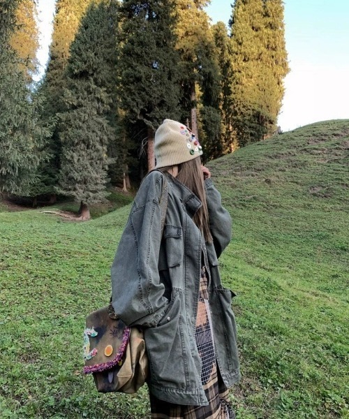 DEVICE（デバイス）の「オーバーサイズ デニム カラー ミリタリー ジャケット ブルゾン（デニムジャケット・レディース・カーキ・FREE）」の8枚目の写真