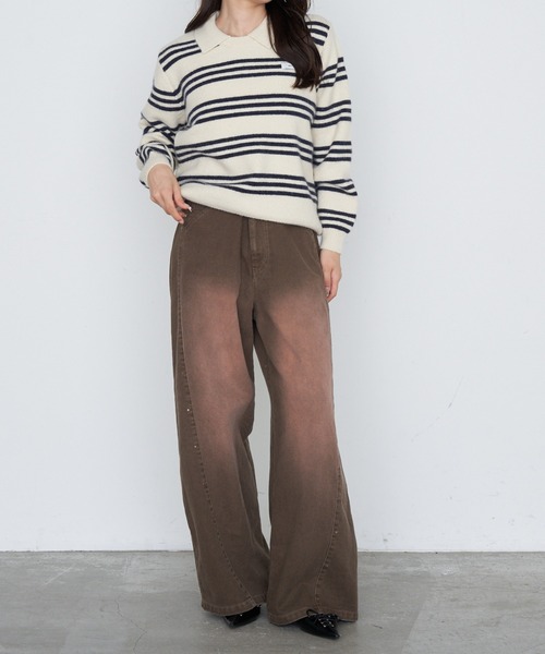 RAY CASSIN(レイカズン)の「【ウエスト調節可/2サイズ展開】スタッズ付ワイドデニム(デニムパンツ・レディース・ブラウン/ネイビー/ブルー・S/M)」の8枚目の写真