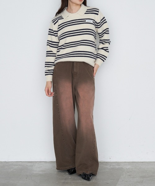 RAY CASSIN(レイカズン)の「【ウエスト調節可/2サイズ展開】スタッズ付ワイドデニム(デニムパンツ・レディース・ブラウン/ネイビー/ブルー・S/M)」の10枚目の写真