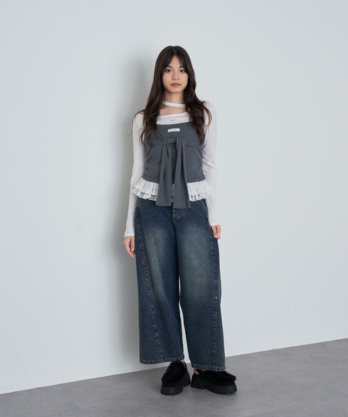 RAY CASSIN(レイカズン)の「【ウエスト調節可/2サイズ展開】スタッズ付ワイドデニム(デニムパンツ・レディース・ブラウン/ネイビー/ブルー・S/M)」の20枚目の写真