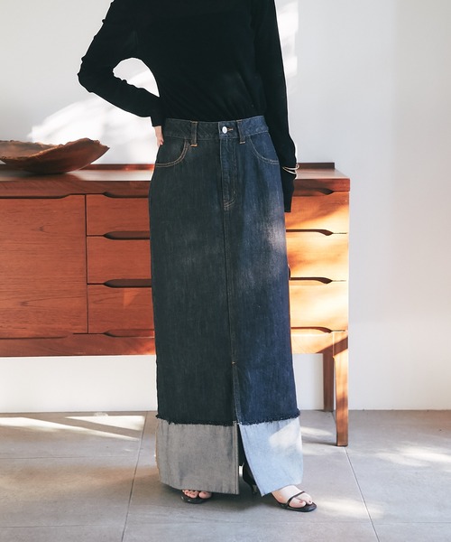 ロールアップデニムロングスカート（デニムスカート）｜La boutique