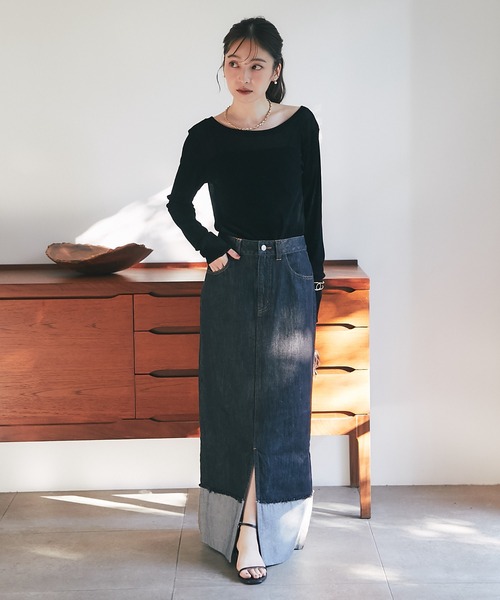 La boutique BonBon（ラブティックボンボン）の「ロールアップデニムロングスカート（デニムスカート・レディース・インディゴブルー/ブラック・マルチサイズ）」の7枚目の写真