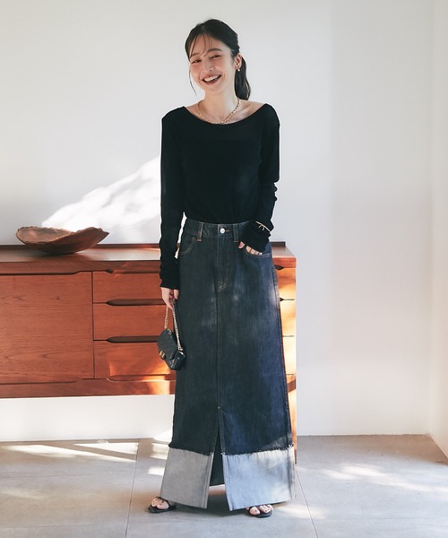 La boutique BonBon（ラブティックボンボン）の「ロールアップデニムロングスカート（デニムスカート・レディース・インディゴブルー/ブラック・マルチサイズ）」の10枚目の写真