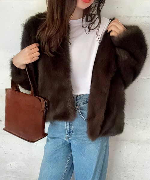 セール】ノーカラーフェイクファージャケット（ノーカラージャケット