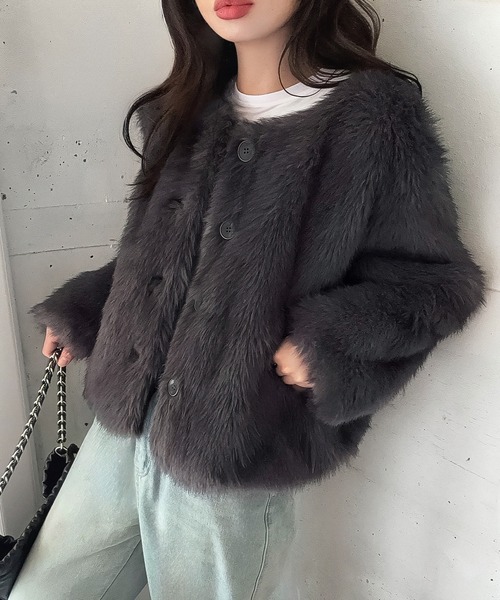 セール】ノーカラーフェイクファージャケット（ノーカラージャケット