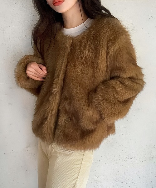 セール】ノーカラーフェイクファージャケット（ノーカラージャケット