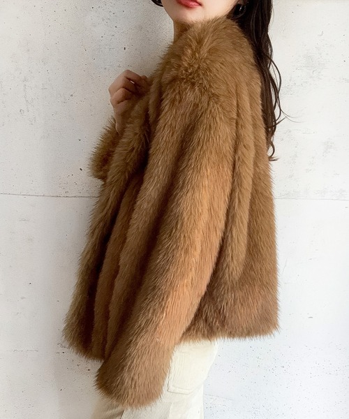 セール】ノーカラーフェイクファージャケット（ノーカラージャケット