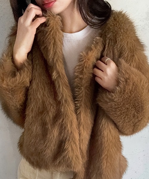 セール】ノーカラーフェイクファージャケット（ノーカラージャケット