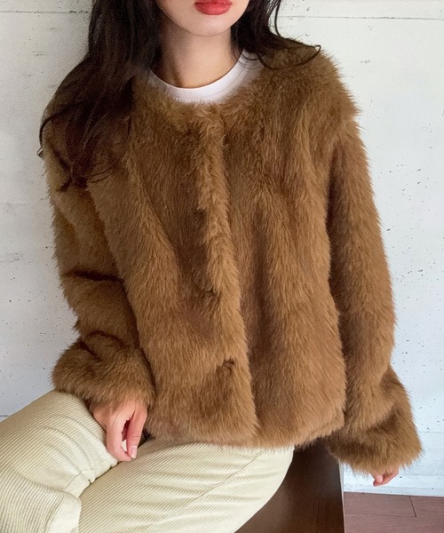 ブラウンファー・ニットジャケット モコモコフェイクファーコート/MAJESTIC LEGON(マジェスティックレゴン