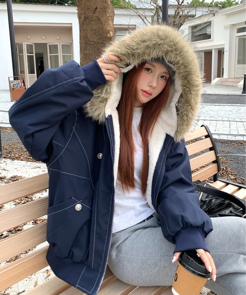 LADY LIKE(レディライク)の「新色追加 2WAYステッチ入り裏ボアファー付きブルゾン(ブルゾン・レディース・カーキ/ブラック/ブラウン/ネイビー/チャコールグレー/アイボリー・M/S)」の6枚目の写真