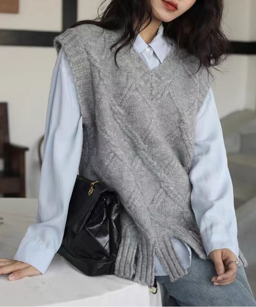 セール】【新作】レトロな菱形編みのニットベスト（ベスト）｜AsheKsha