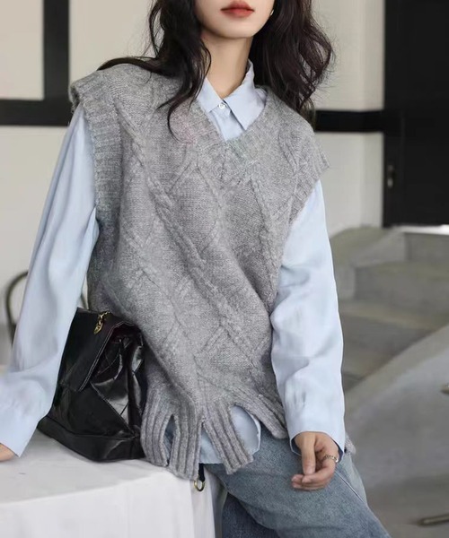 セール】【新作】レトロな菱形編みのニットベスト（ベスト）｜AsheKsha