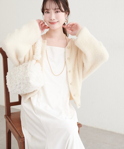natural couture(ナチュラルクチュール)の「フェザーヤーンニットカーディガン(カーディガン/ボレロ・レディース・ブラウン/ピンク/オフホワイト・FREE)」の2枚目の写真