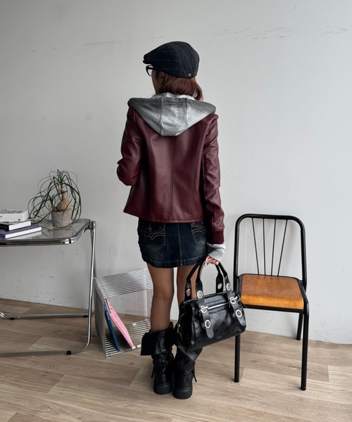 SHAGGIE（シャギー）の「リブスタンドレザーショートジャケット（その他アウター・レディース・ボルドー/ブラック・FREE）」の11枚目の写真