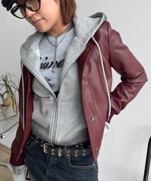 SHAGGIE（シャギー）の「リブスタンドレザーショートジャケット（その他アウター・レディース・ボルドー/ブラック・FREE）」の15枚目の写真