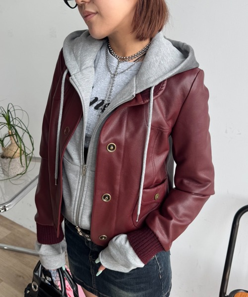 SHAGGIE（シャギー）の「リブスタンドレザーショートジャケット（その他アウター・レディース・ボルドー/ブラック・FREE）」の16枚目の写真
