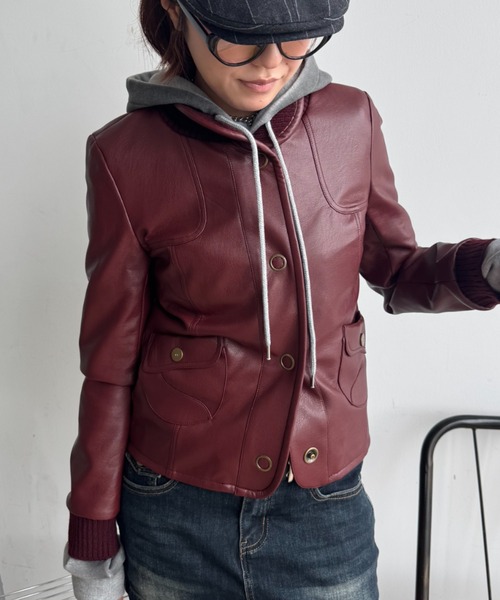 SHAGGIE（シャギー）の「リブスタンドレザーショートジャケット（その他アウター・レディース・ボルドー/ブラック・FREE）」の17枚目の写真