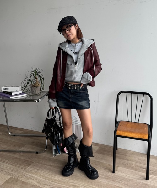 SHAGGIE（シャギー）の「リブスタンドレザーショートジャケット（その他アウター・レディース・ボルドー/ブラック・FREE）」の10枚目の写真