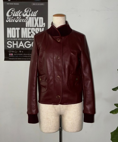 SHAGGIE（シャギー）の「リブスタンドレザーショートジャケット（その他アウター・レディース・ボルドー/ブラック・FREE）」の8枚目の写真