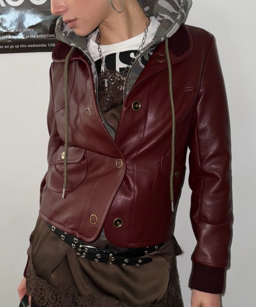 SHAGGIE（シャギー）の「リブスタンドレザーショートジャケット（その他アウター・レディース・ボルドー/ブラック・FREE）」の20枚目の写真
