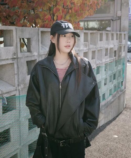 LADY VOLUME(レディーボリューム)の「9202 ウォッシングレザーオーバーサイズジャケット (ブラック)(ライダースジャケット・レディース・その他・FREE)」の5枚目の写真