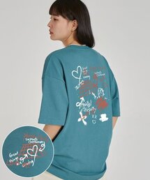 バックアストラルグラフィティラウンドネック15番手コットン半袖Tシャツ_ブルーグリーン