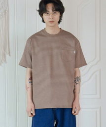ストライプポケット半袖Tシャツ(キャメル)