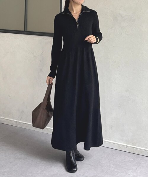 セール】ハーフジップリブニットフレアワンピース（ワンピース