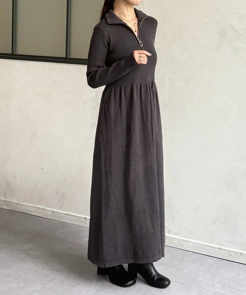 Thevon（ゼボン）の「ハーフジップリブニットフレアワンピース（ワンピース・レディース・ブラウン/チャコールグレー/ベージュ/ブラック・FREE）」の13枚目の写真