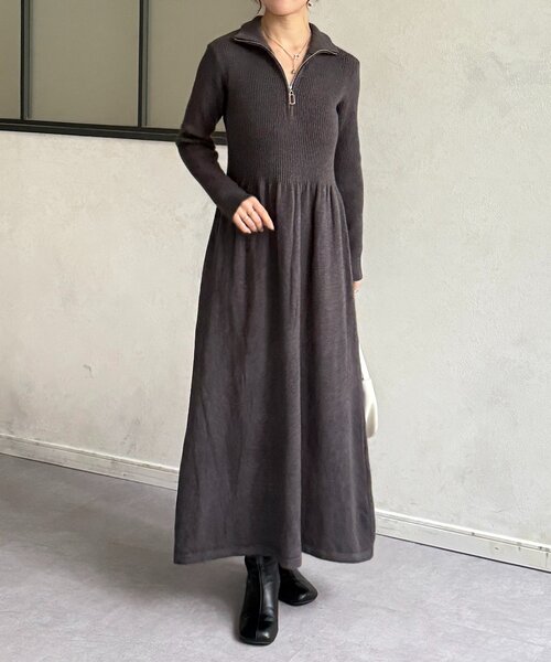 Thevon（ゼボン）の「ハーフジップリブニットフレアワンピース（ワンピース・レディース・ブラウン/チャコールグレー/ベージュ/ブラック・FREE）」の14枚目の写真