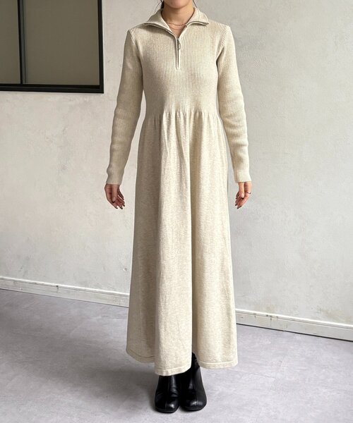 セール】ハーフジップリブニットフレアワンピース（ワンピース