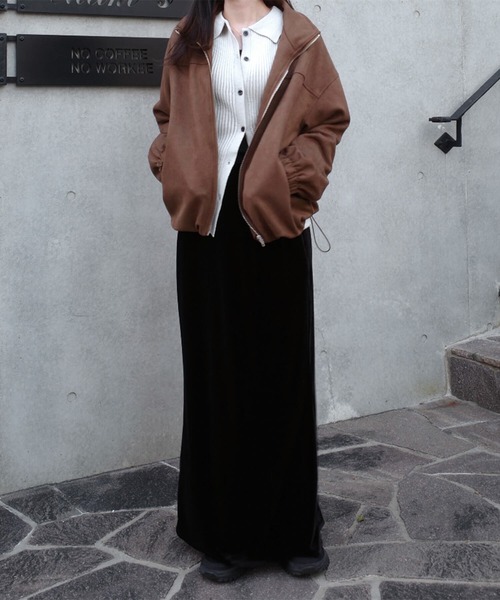 ISOOK（アイスー）の「スエードジップブルゾン(eri. select) / スウェード 合皮 エコレザー ジャケット 羽織り アウター スタンドカラー ドローコード ドロスト ミドル丈 ブラウン（ブルゾン・レディース・ダークブラウン・FREE）」の2枚目の写真