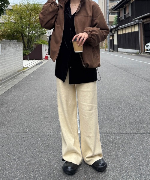 ISOOK（アイスー）の「スエードジップブルゾン(eri. select) / スウェード 合皮 エコレザー ジャケット 羽織り アウター スタンドカラー ドローコード ドロスト ミドル丈 ブラウン（ブルゾン・レディース・ダークブラウン・FREE）」の3枚目の写真