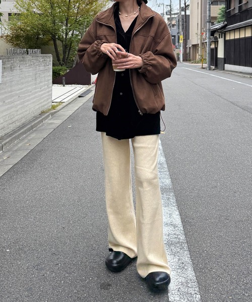 ISOOK（アイスー）の「スエードジップブルゾン(eri. select) / スウェード 合皮 エコレザー ジャケット 羽織り アウター スタンドカラー ドローコード ドロスト ミドル丈 ブラウン（ブルゾン・レディース・ダークブラウン・FREE）」の5枚目の写真