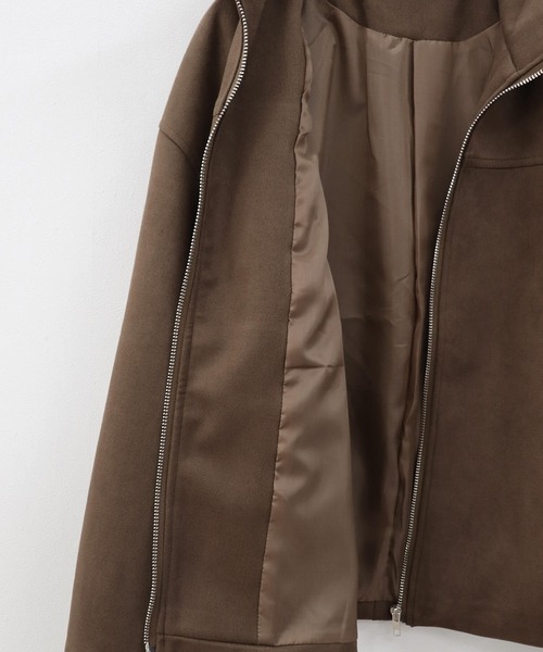 ISOOK（アイスー）の「スエードジップブルゾン(eri. select) / スウェード 合皮 エコレザー ジャケット 羽織り アウター スタンドカラー ドローコード ドロスト ミドル丈 ブラウン（ブルゾン・レディース・ダークブラウン・FREE）」の7枚目の写真