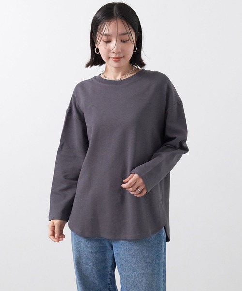 anyfee（エニフィー）の「【anyfee/大きいサイズ】ダブルジャージー裾ラウンドクルーネックロンT（Tシャツ/カットソー・レディース・ブラック/チャコール/アイボリー・LL/3L/4L/5L）」の3枚目の写真