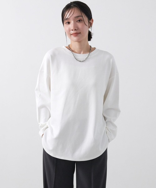 anyfee（エニフィー）の「【anyfee/大きいサイズ】ダブルジャージー裾ラウンドクルーネックロンT（Tシャツ/カットソー・レディース・ブラック/チャコール/アイボリー・LL/3L/4L/5L）」の8枚目の写真