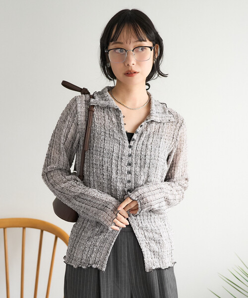 FREAK'S STORE(フリークスストア)の「チェック ポコポコ 長袖ブラウス/襟付き チェックカーディガン(Tシャツ/カットソー・レディース・グレー/ブルー/レモンイエロー/ブラウン・フリ-)」の10枚目の写真