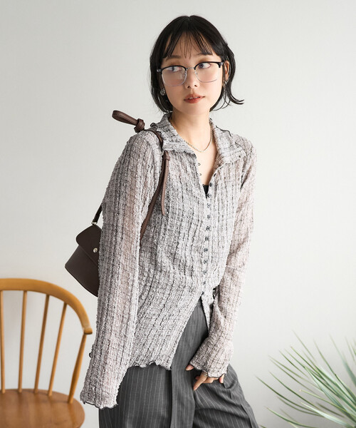 FREAK'S STORE(フリークスストア)の「チェック ポコポコ 長袖ブラウス/襟付き チェックカーディガン(Tシャツ/カットソー・レディース・グレー/ブルー/レモンイエロー/ブラウン・フリ-)」の11枚目の写真