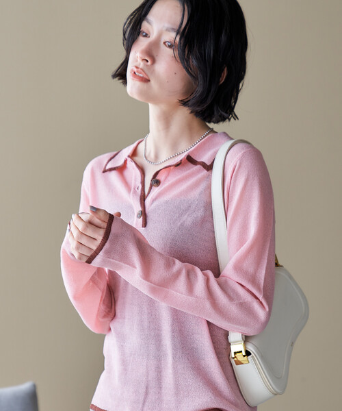 日曜限定最終サマーセール レア　70s vintage サマーニット　ポリニット セール】シアー 配色 トリム ポロ襟ニット/サマーニット（ニット