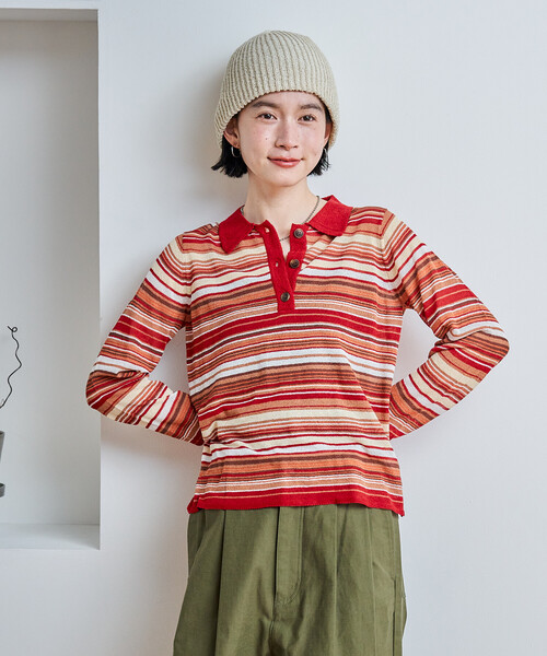 FREAK'S STORE(フリークスストア)の「シアー 配色 トリム ポロ襟ニット/サマーニット(ニット/セーター・レディース・ネイビー/ピンク/レッド/ダークネイビー・フリ-)」の13枚目の写真