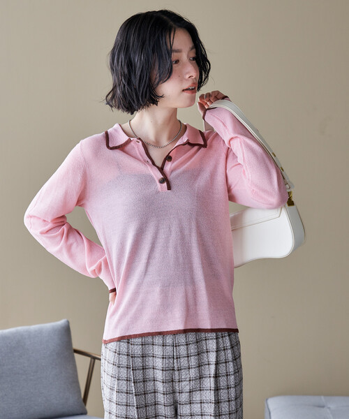FREAK'S STORE(フリークスストア)の「シアー 配色 トリム ポロ襟ニット/サマーニット(ニット/セーター・レディース・ネイビー/ピンク/レッド/ダークネイビー・フリ-)」の19枚目の写真