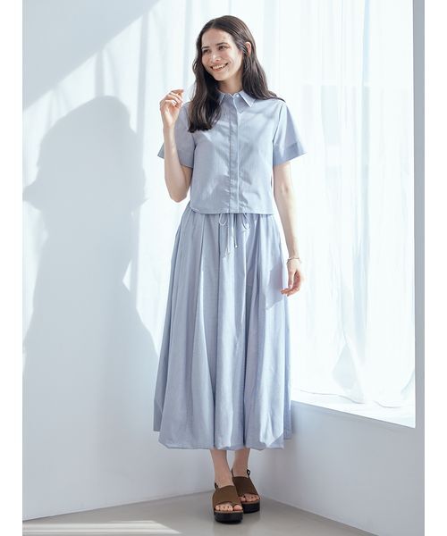 Mila Owen(ミラオーウェン)の「ストライプセパレートバルーンシャツワンピース(ワンピース・レディース・ダークネイビー/ラベンダー/ブルー・0/1)」の9枚目の写真