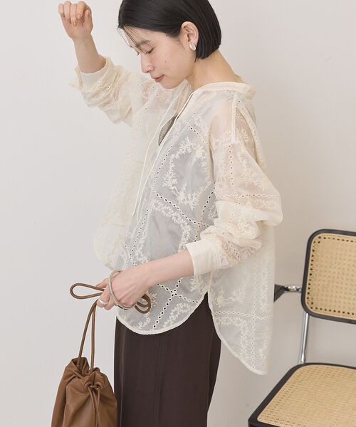 美品✨アナイ カットワークレースブラウス スキッパーシャツ Vネック