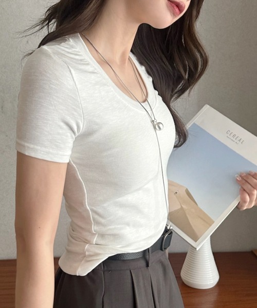 Eclat one（エクラワン）の「【Eclat one】深Uネック ベーシック半袖Tシャツ（Tシャツ/カットソー・レディース・イエロー/ホワイト/グレー/ブラック・FREE）」の18枚目の写真