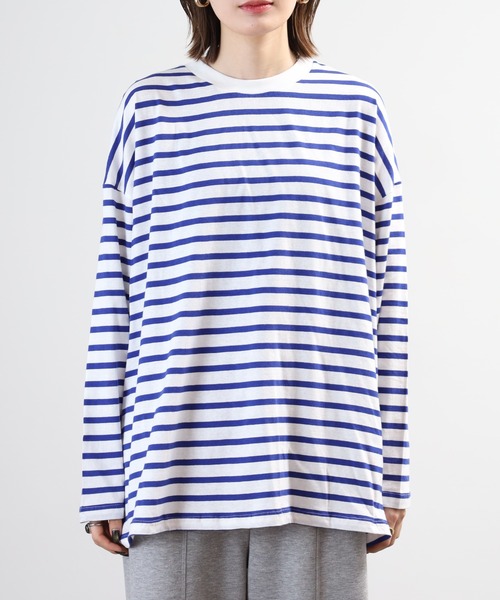 FUNALIVE(ファンアライブ)の「ボーダー オーバーサイズロンT チュニック丈 ドロップショルダー(Tシャツ/カットソー・レディース・ブルー/杢グレー/ブラック・LL~3L/M~L)」の9枚目の写真