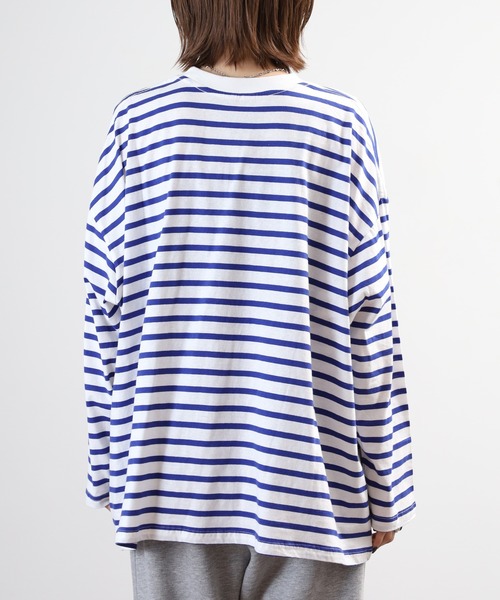 FUNALIVE(ファンアライブ)の「ボーダー オーバーサイズロンT チュニック丈 ドロップショルダー(Tシャツ/カットソー・レディース・ブルー/杢グレー/ブラック・LL~3L/M~L)」の7枚目の写真