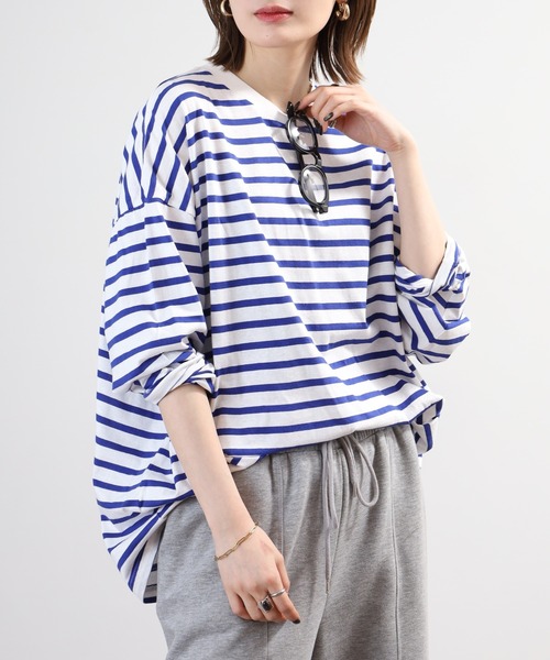 FUNALIVE(ファンアライブ)の「ボーダー オーバーサイズロンT チュニック丈 ドロップショルダー(Tシャツ/カットソー・レディース・ブルー/杢グレー/ブラック・LL~3L/M~L)」の12枚目の写真