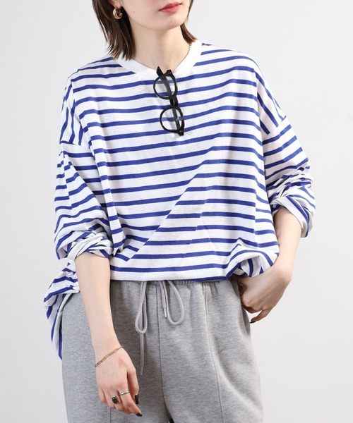 FUNALIVE(ファンアライブ)の「ボーダー オーバーサイズロンT チュニック丈 ドロップショルダー(Tシャツ/カットソー・レディース・ブルー/杢グレー/ブラック・LL~3L/M~L)」の15枚目の写真