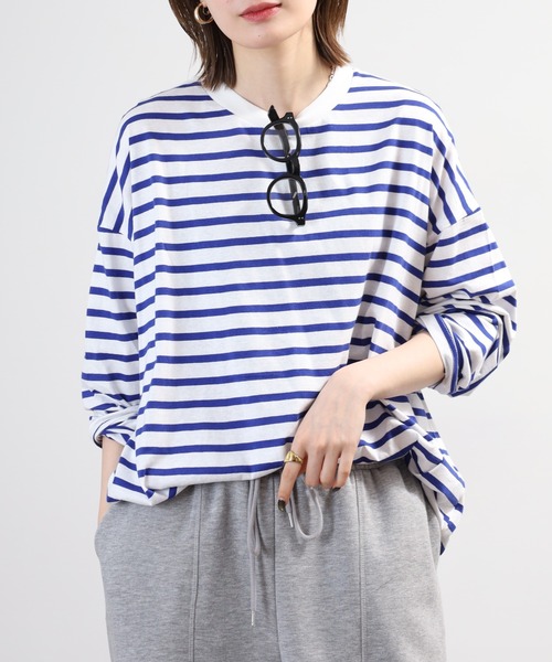 FUNALIVE(ファンアライブ)の「ボーダー オーバーサイズロンT チュニック丈 ドロップショルダー(Tシャツ/カットソー・レディース・ブルー/杢グレー/ブラック・LL~3L/M~L)」の13枚目の写真